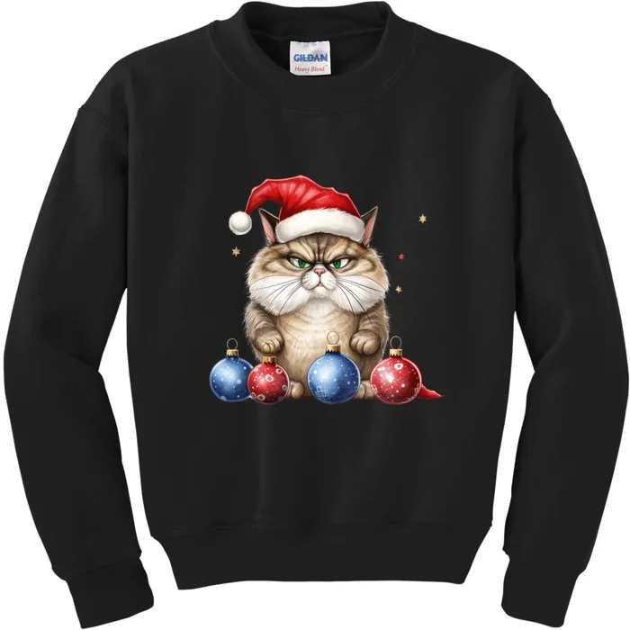 Cat Christmas Tree Balls Santa Hat Kids Sweatshirt