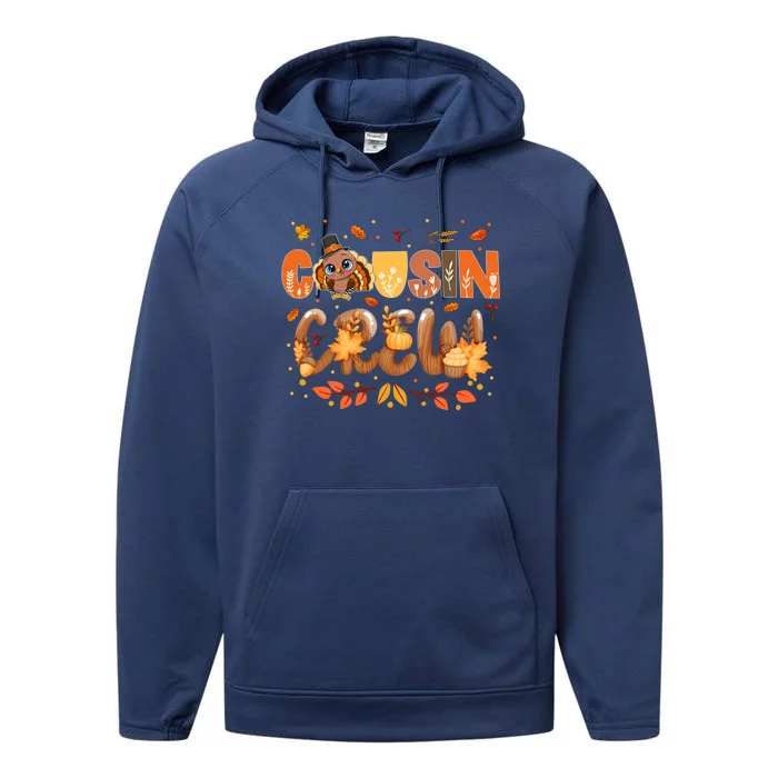 Cousin Crew Thanksgiving Turkey Fall Leaves Matching Family Funny Gift Performance Fleece Hoodie