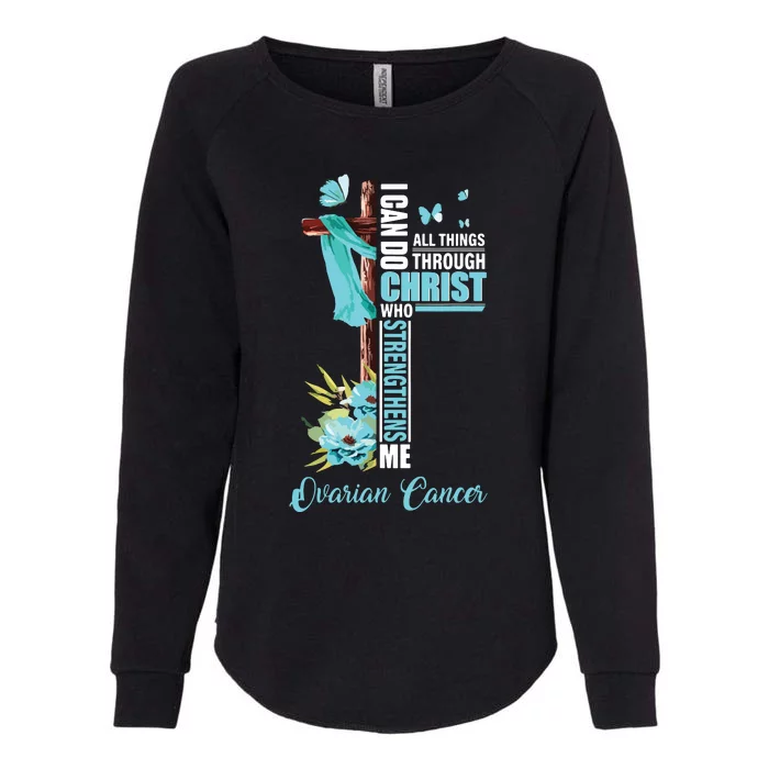 Christian Cross Teal Ribbon Survivor Fighter Ovarian Cancer Womens California Wash Sweatshirt