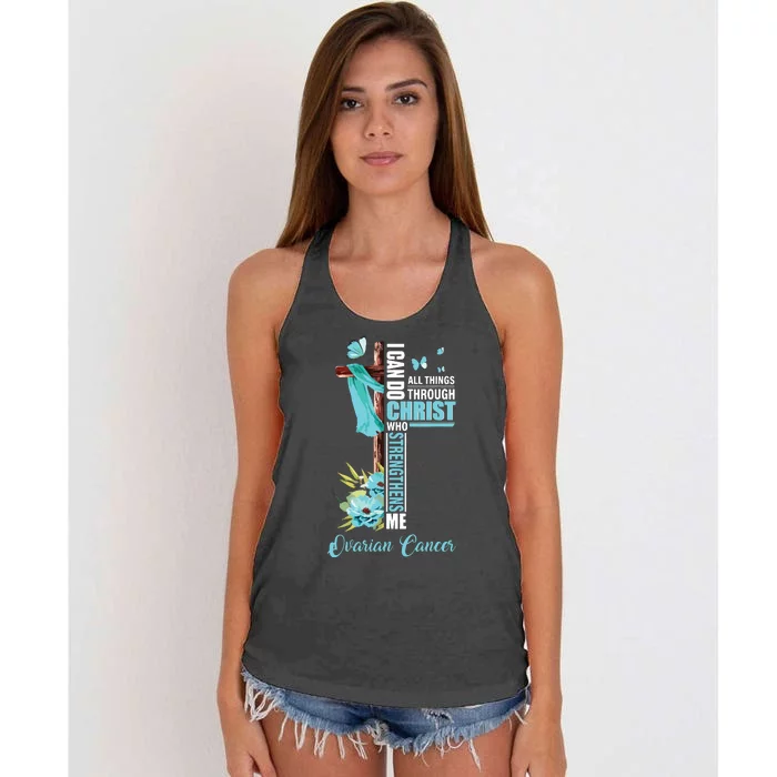 Christian Cross Teal Ribbon Survivor Fighter Ovarian Cancer Women's Knotted Racerback Tank