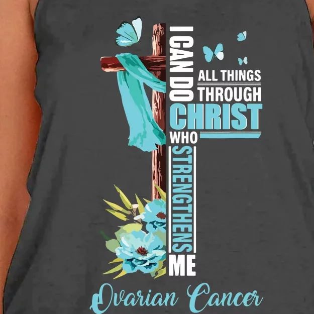 Christian Cross Teal Ribbon Survivor Fighter Ovarian Cancer Women's Knotted Racerback Tank