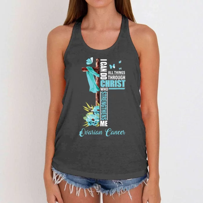 Christian Cross Teal Ribbon Survivor Fighter Ovarian Cancer Women's Knotted Racerback Tank