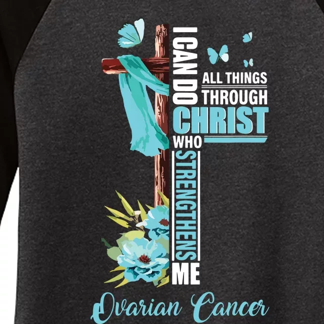 Christian Cross Teal Ribbon Survivor Fighter Ovarian Cancer Women's Tri-Blend 3/4-Sleeve Raglan Shirt