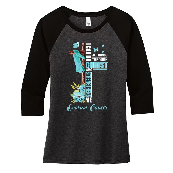 Christian Cross Teal Ribbon Survivor Fighter Ovarian Cancer Women's Tri-Blend 3/4-Sleeve Raglan Shirt