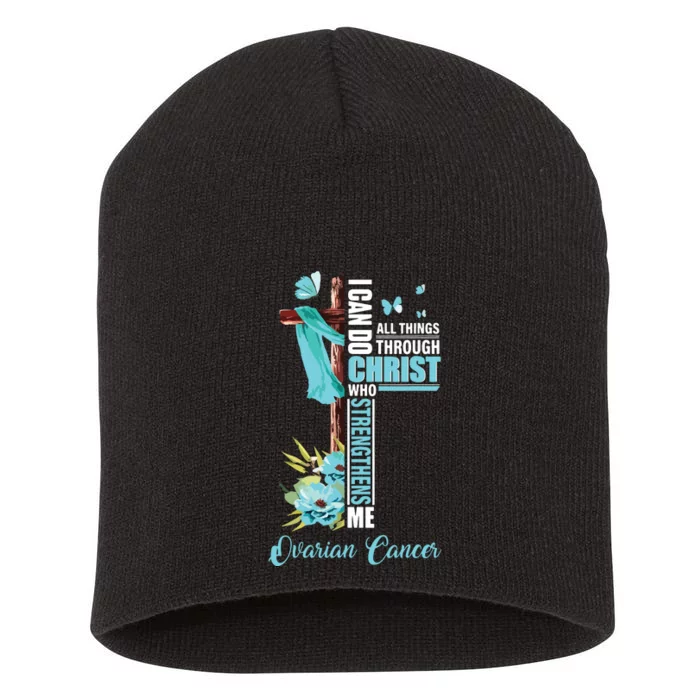 Christian Cross Teal Ribbon Survivor Fighter Ovarian Cancer Short Acrylic Beanie