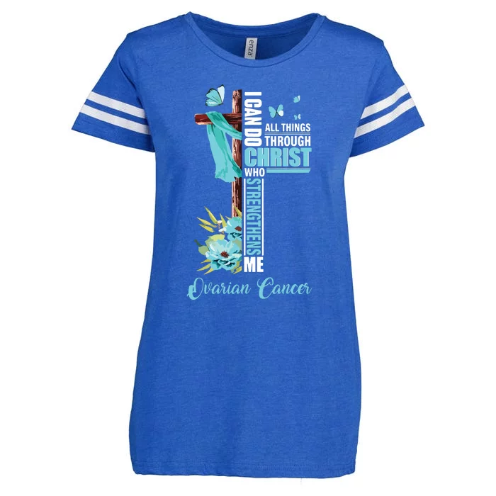 Christian Cross Teal Ribbon Survivor Fighter Ovarian Cancer Enza Ladies Jersey Football T-Shirt