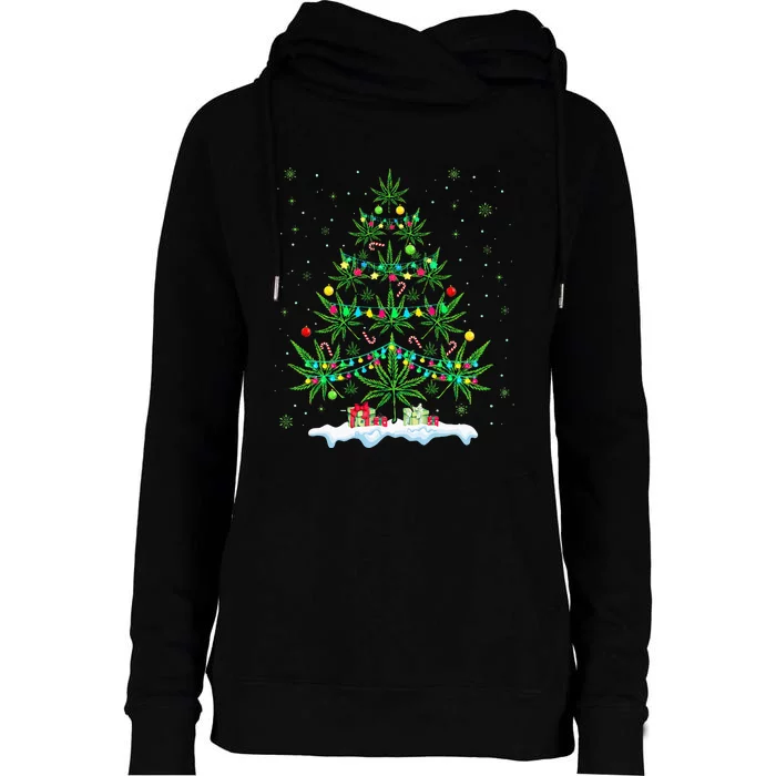 Cannabis Christmas Tree Xmas Funny Smoking Weed Marijuana Womens Funnel Neck Pullover Hood