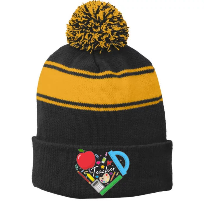 Cute Cool Teacher School Tools Heart Stripe Pom Pom Beanie