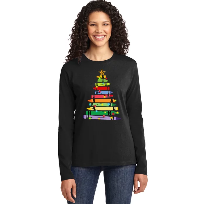 Christmas Crayon Tree Light Gifts for Teachers Ladies Long Sleeve Shirt