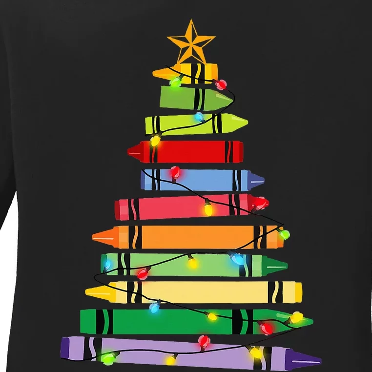 Christmas Crayon Tree Light Gifts for Teachers Ladies Long Sleeve Shirt