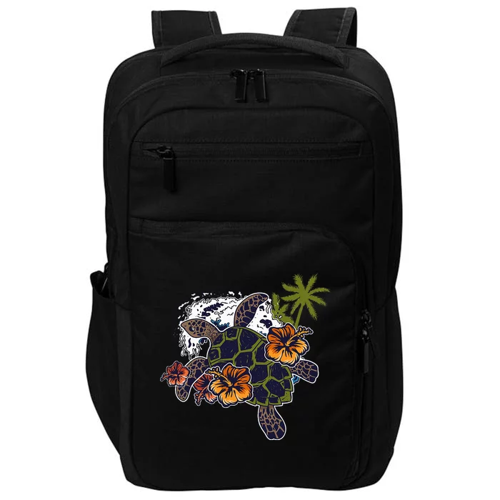 Colorful Cute Turtle Hawaiian Flowers Sea Turtle Floral Impact Tech Backpack