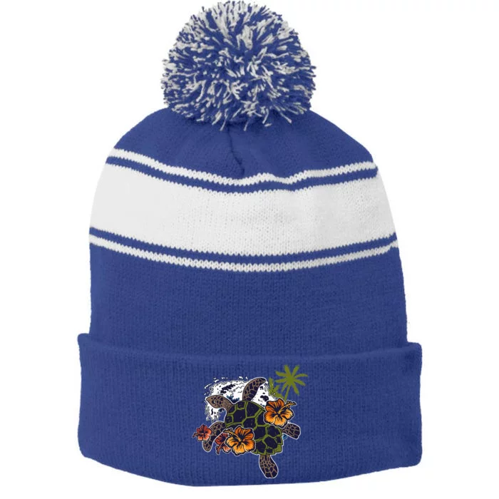 Colorful Cute Turtle Hawaiian Flowers Sea Turtle Floral Stripe Pom Pom Beanie