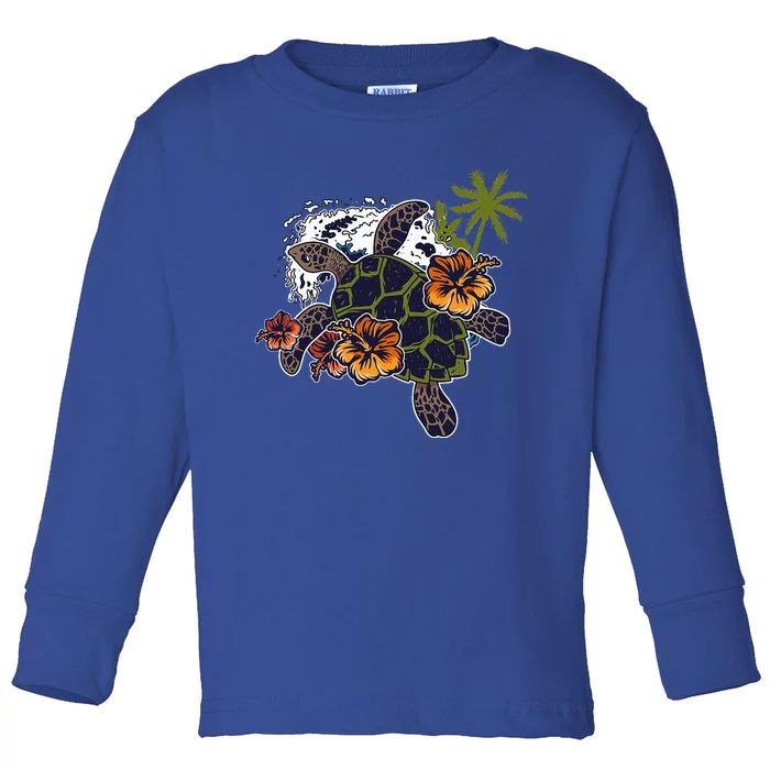 Colorful Cute Turtle Hawaiian Flowers Sea Turtle Floral Toddler Long Sleeve Shirt