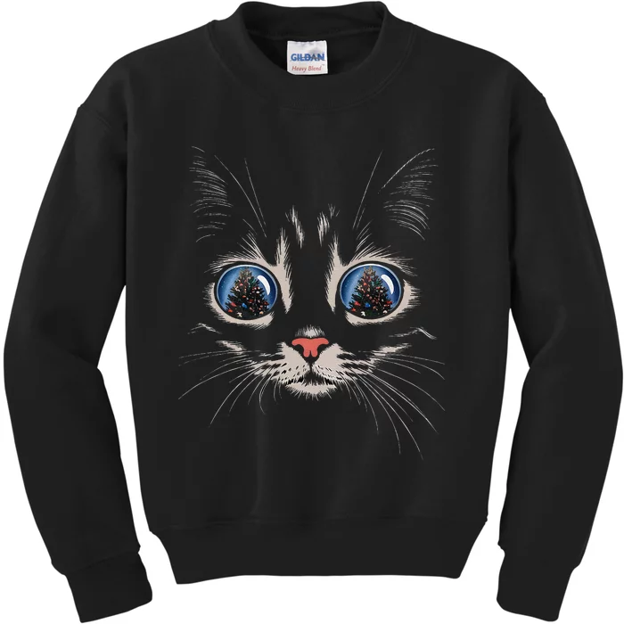 Cat Christmas Tree Reflection Kids Sweatshirt