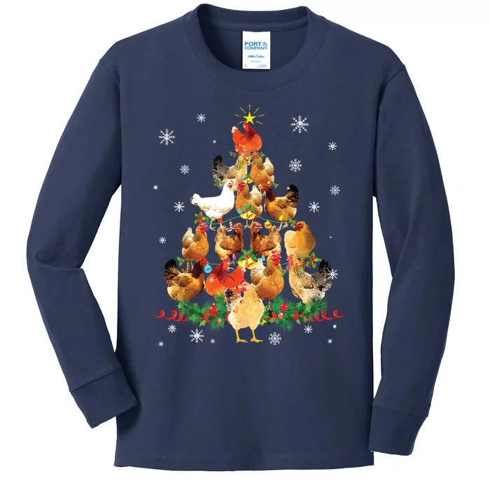 Chicken Christmas Tree Lights Love Chicken Farmer Christmas Kids Long Sleeve Shirt