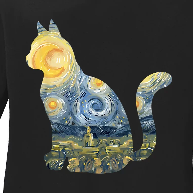 Cute Cat Toy Starry Night Fur Kitten Animal Painting Ladies Long Sleeve Shirt