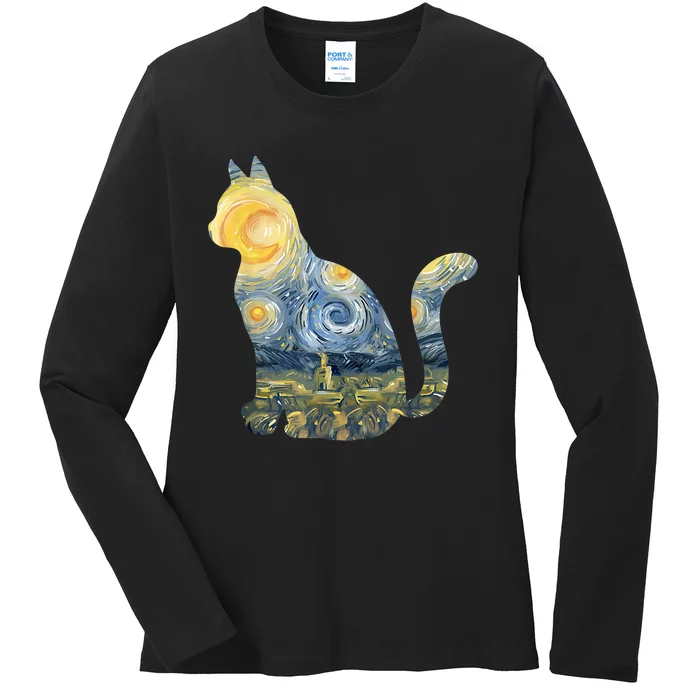 Cute Cat Toy Starry Night Fur Kitten Animal Painting Ladies Long Sleeve Shirt