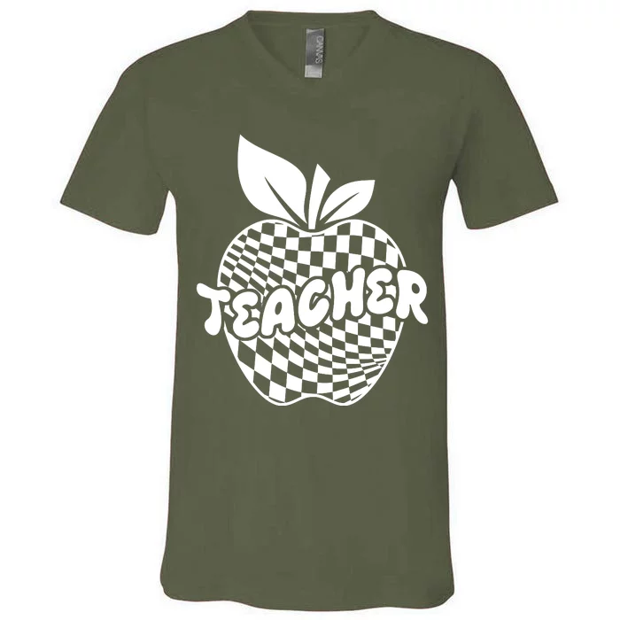 Cool Checkered Teacher Apple V-Neck T-Shirt