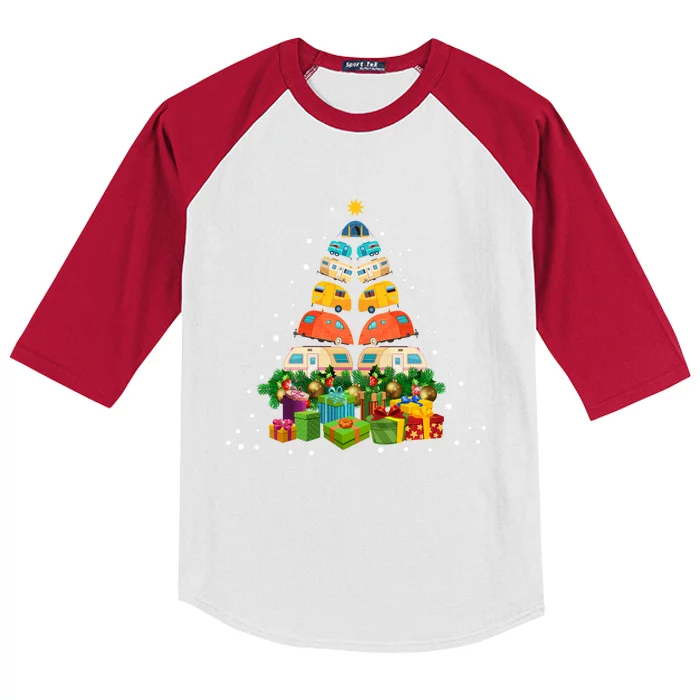 Camper Christmas Tree Funny Merry Christmas Camping Xmas Cute Gift Kids Colorblock Raglan Jersey