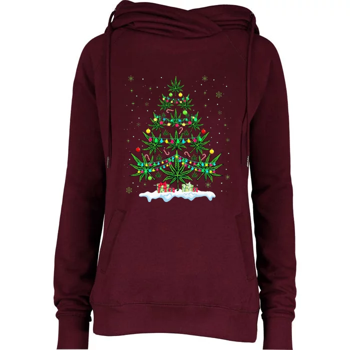 Cannabis Christmas Tree Xmas Funny Smoking Weed Marijuana Womens Funnel Neck Pullover Hood