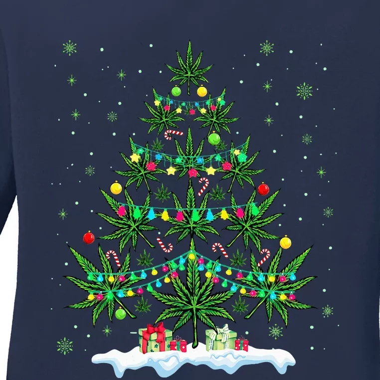 Cannabis Christmas Tree Xmas Funny Smoking Weed Marijuana Ladies Long Sleeve Shirt