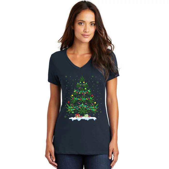 Cannabis Christmas Tree Xmas Funny Smoking Weed Marijuana Women's V-Neck T-Shirt