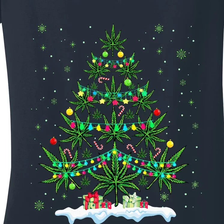 Cannabis Christmas Tree Xmas Funny Smoking Weed Marijuana Women's V-Neck T-Shirt