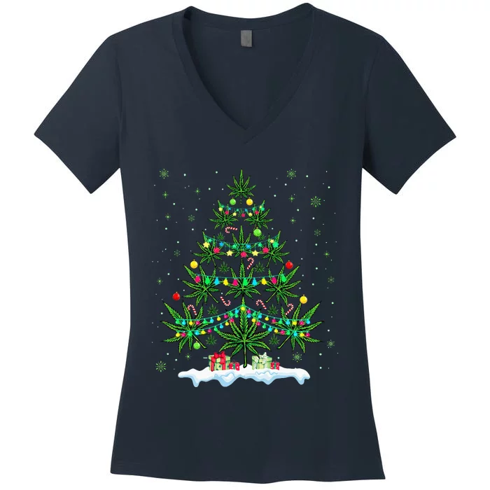 Cannabis Christmas Tree Xmas Funny Smoking Weed Marijuana Women's V-Neck T-Shirt