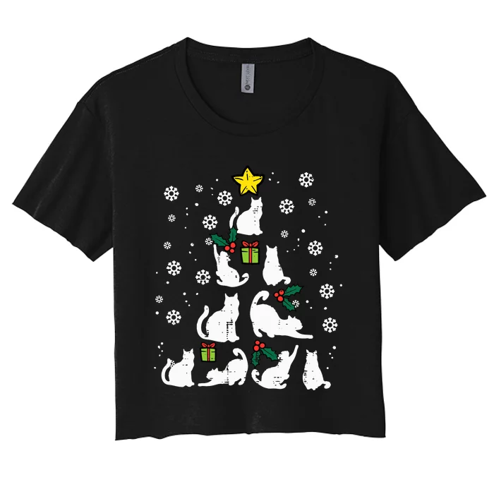 Cats Christmas Tree Cute Cat Lover Xmas Winter Women's Crop Top Tee