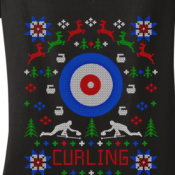 Curling Christmas Ugly Christmas Sweater Party Gift Women's V-Neck T-Shirt