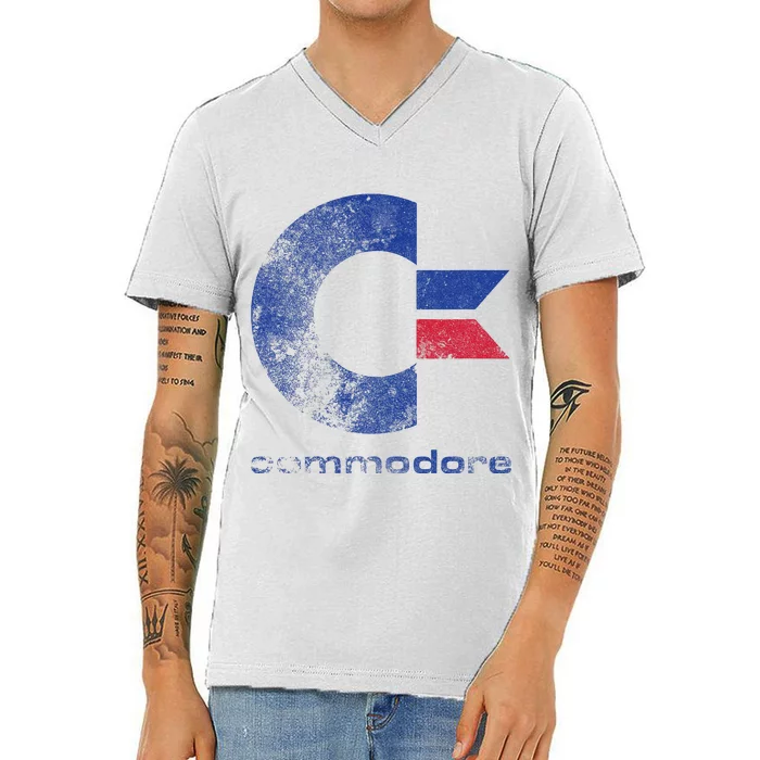 Commodore C64 Uppercase Letter Stone Washed Grunge Effect V-Neck T-Shirt