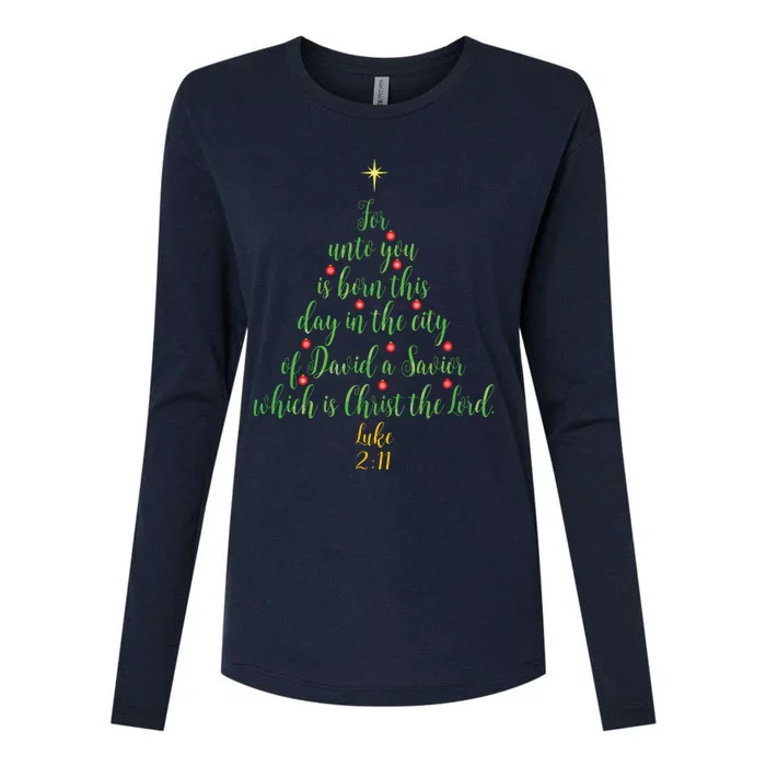 Christian Christmas Unto You Is Born A Savior Tree Womens Cotton Relaxed Long Sleeve T-Shirt