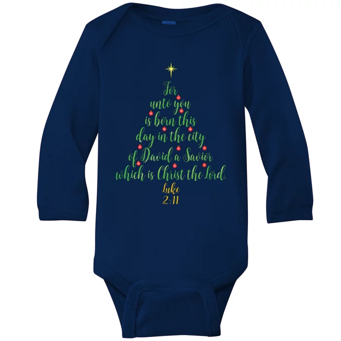 Christian Christmas Unto You Is Born A Savior Tree Baby Long Sleeve Bodysuit