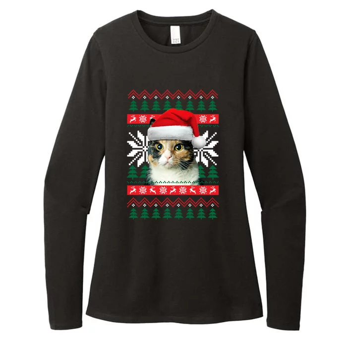 Calico Cat Ugly Christmas Sweater Style Santa Hat Kitty Mom Gift Womens CVC Long Sleeve Shirt