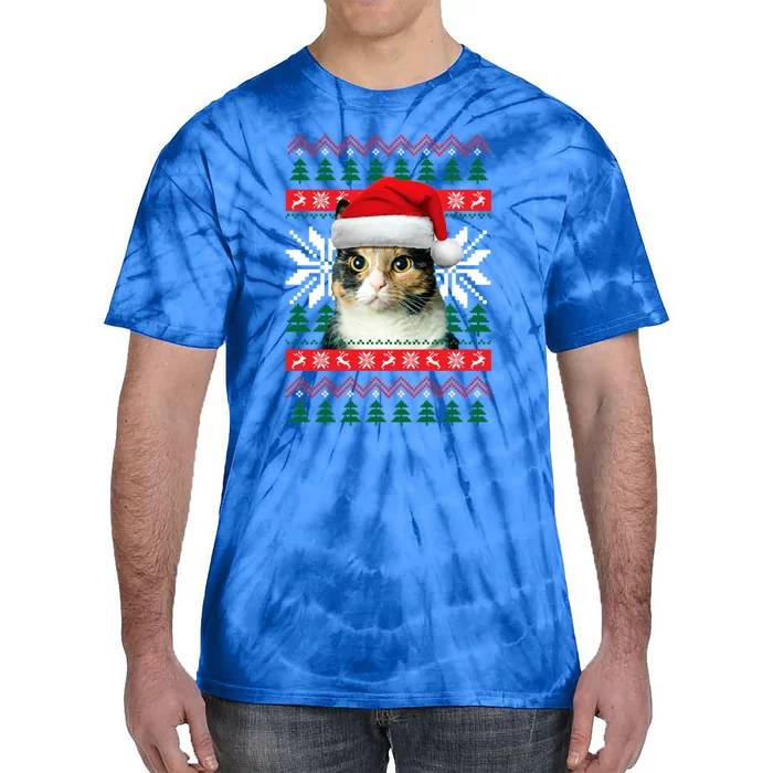 Calico Cat Ugly Christmas Sweater Style Santa Hat Kitty Mom Gift Tie-Dye T-Shirt