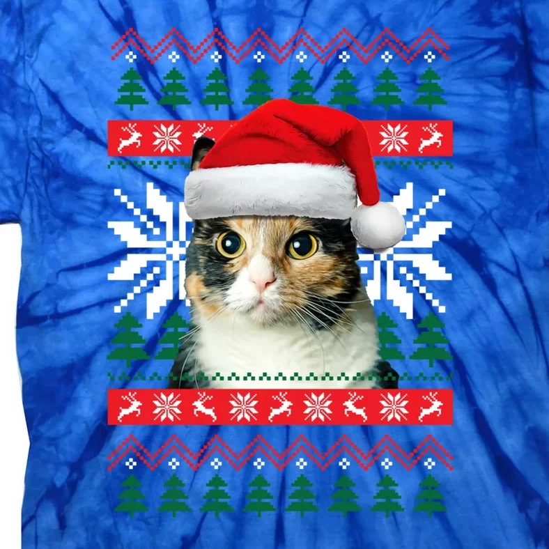 Calico Cat Ugly Christmas Sweater Style Santa Hat Kitty Mom Gift Tie-Dye T-Shirt