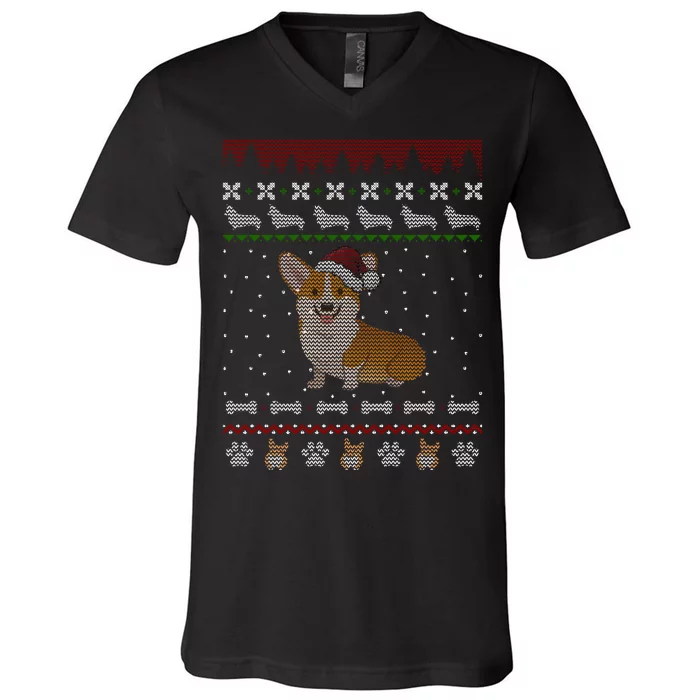 Cute Corgi Ugly Christmas Sweater Design V-Neck T-Shirt