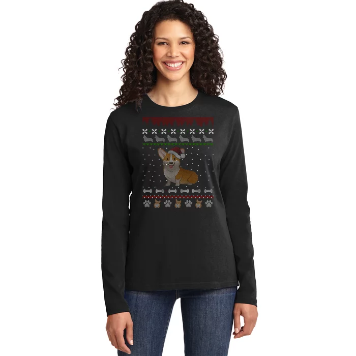 Cute Corgi Ugly Christmas Sweater Design Ladies Long Sleeve Shirt