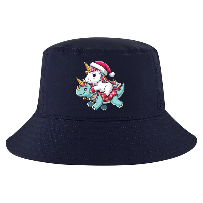 Cute Christmas Unicorn Santa Hat Riding Triceratops Xmas Cool Gift Cool Comfort Performance Bucket Hat