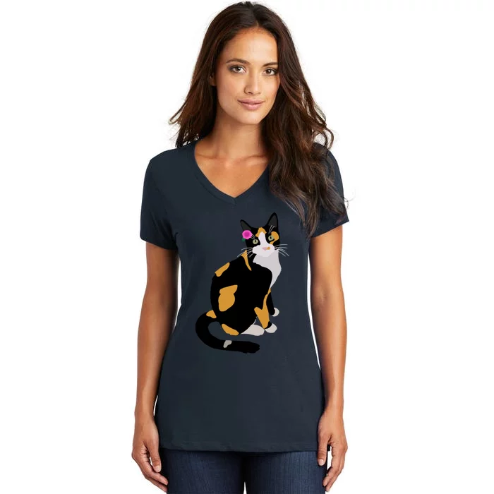 Calico Cat With Pink Flower Calico Mom Cat Lover Women's V-Neck T-Shirt