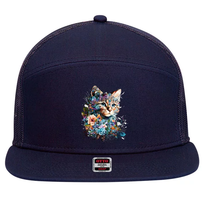 Cute Cat With Flowers Cat Garden Cats Kitty Wildflower 7 Panel Mesh Trucker Snapback Hat