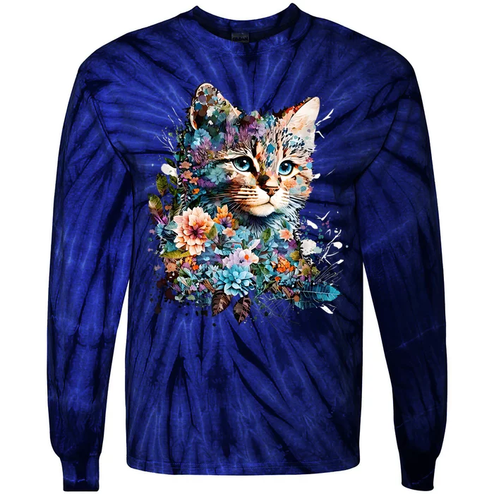 Cute Cat With Flowers Cat Garden Cats Kitty Wildflower Tie-Dye Long Sleeve Shirt