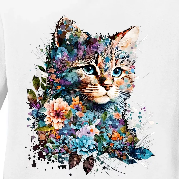 Cute Cat With Flowers Cat Garden Cats Kitty Wildflower Ladies Long Sleeve Shirt