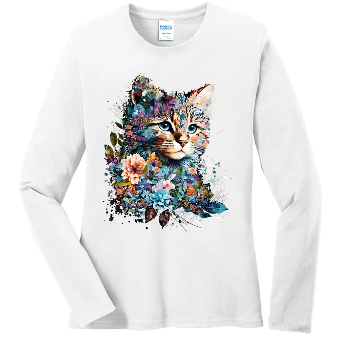 Cute Cat With Flowers Cat Garden Cats Kitty Wildflower Ladies Long Sleeve Shirt