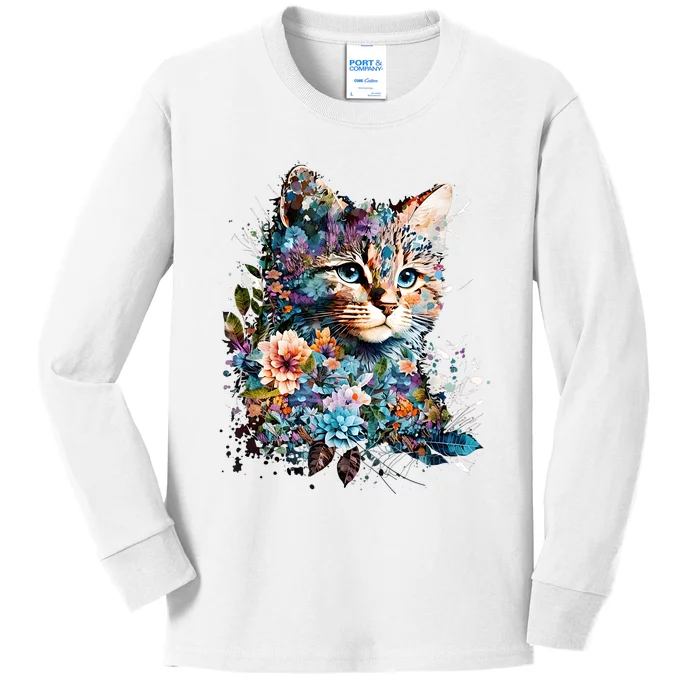 Cute Cat With Flowers Cat Garden Cats Kitty Wildflower Kids Long Sleeve Shirt