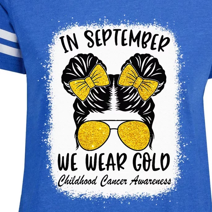 Childhood Cancer Warrior In September We Wear Gold Messy Bun Enza Ladies Jersey Football T-Shirt