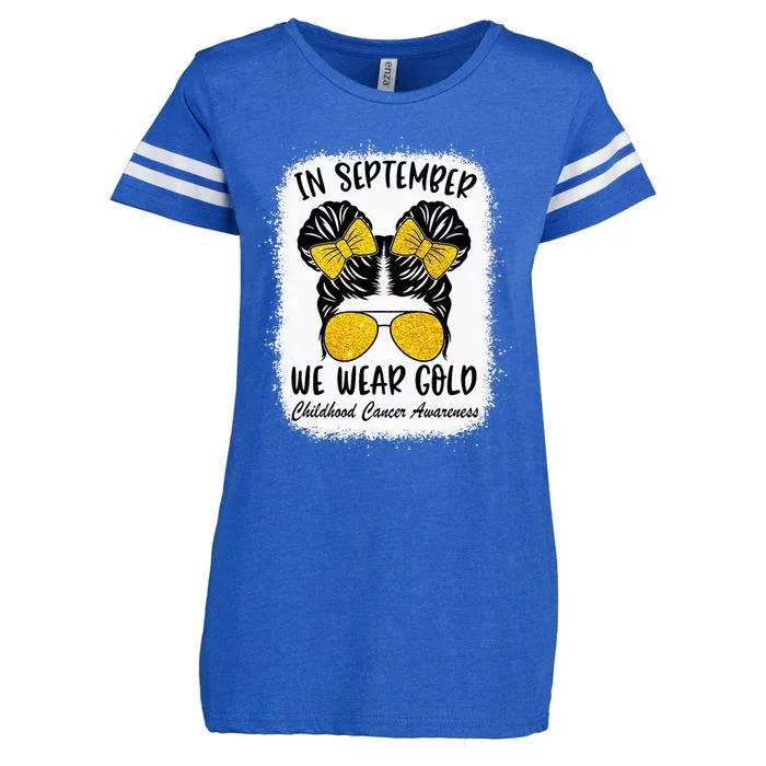 Childhood Cancer Warrior In September We Wear Gold Messy Bun Enza Ladies Jersey Football T-Shirt