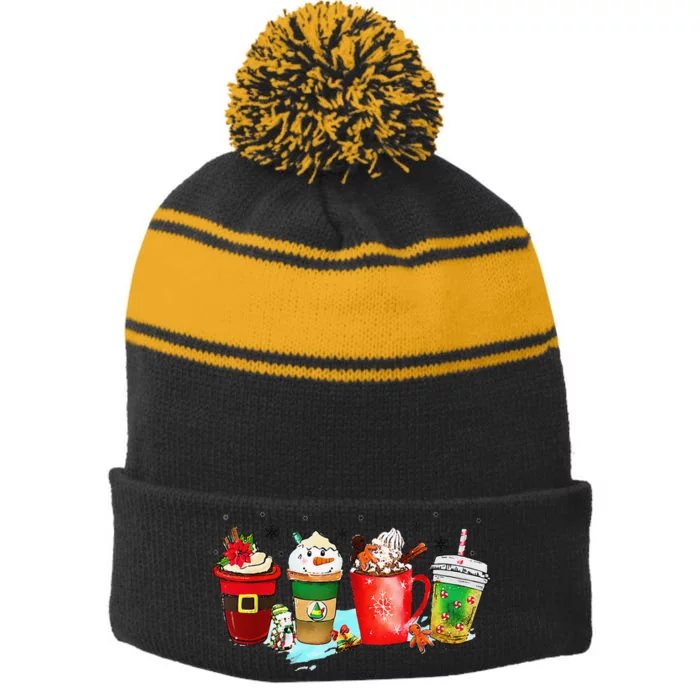 Coffee Cups Winter Snowman Cute Christmas Squad Funny Xmas Stripe Pom Pom Beanie