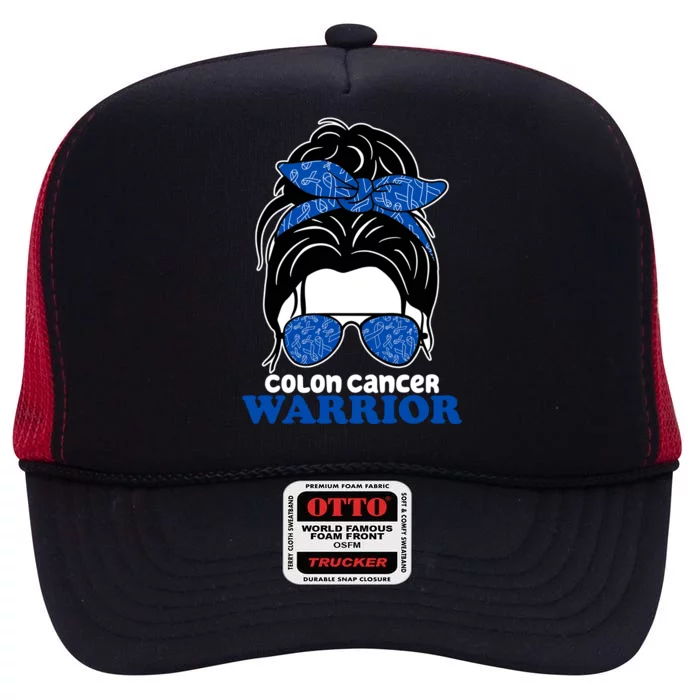 Colon Cancer Warrior Hair Bun Awareness High Crown Mesh Trucker Hat