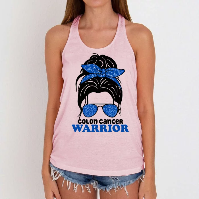 Colon Cancer Warrior Hair Bun Awareness Women's Knotted Racerback Tank